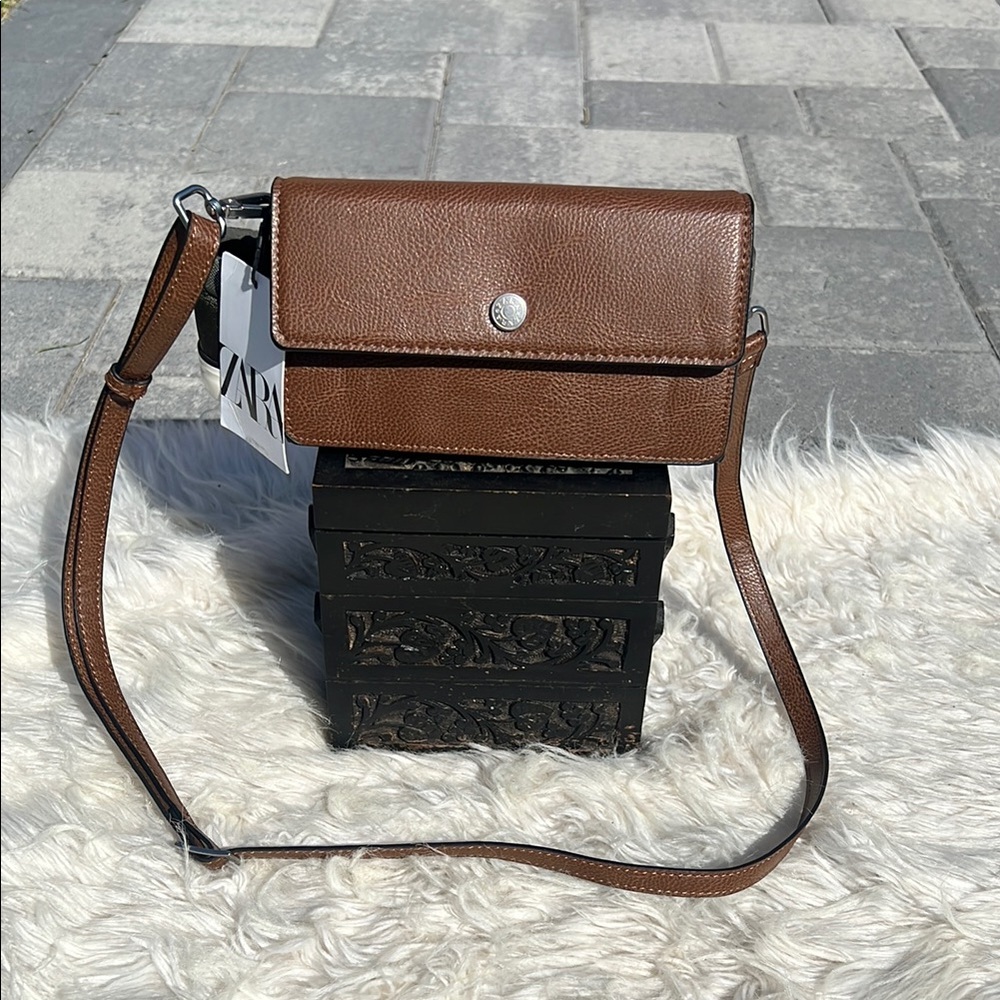 Zara Sophisticated Grainy Brown Mini Leather Crossbody Bag